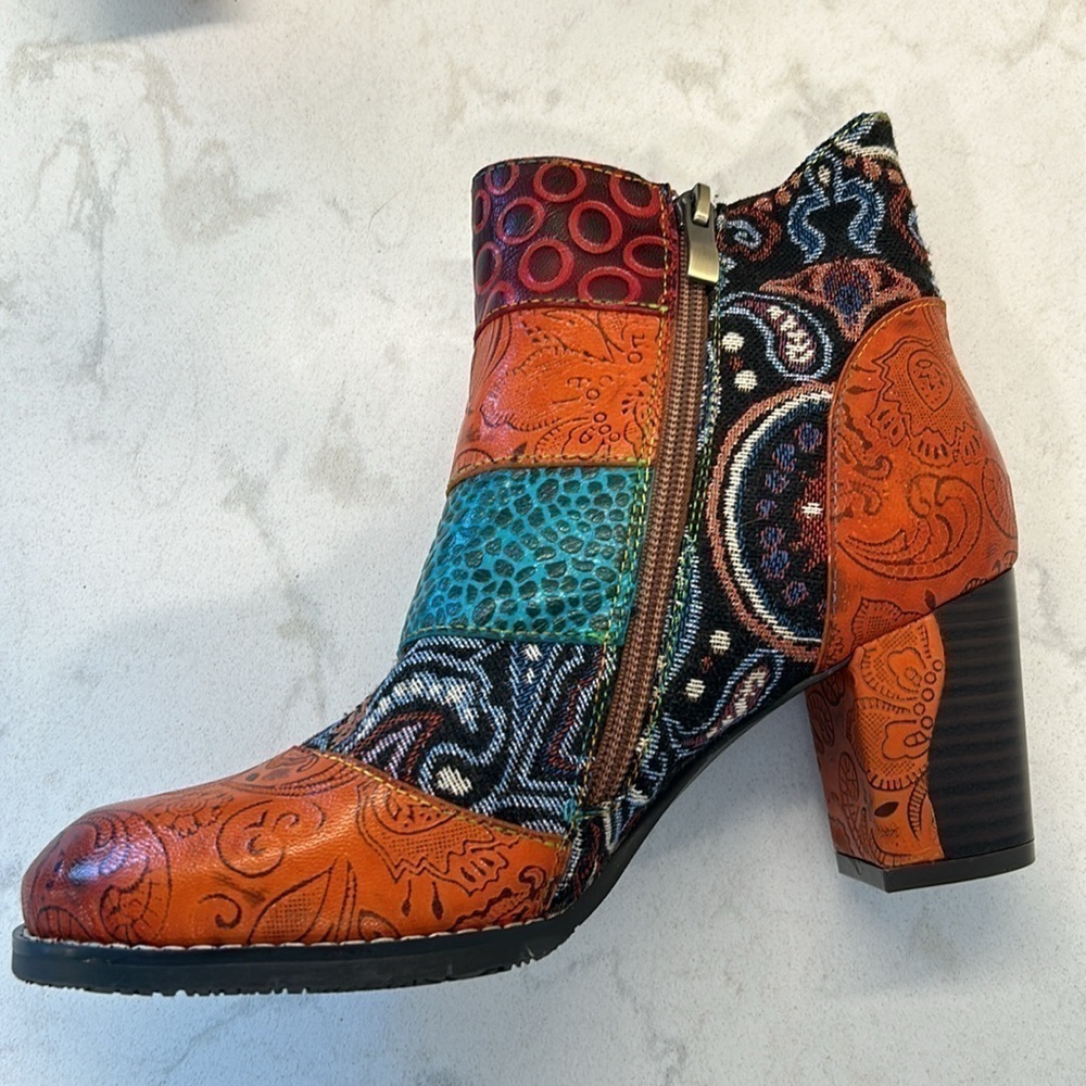 Johnature Leather Mixed Colors Boots Shoes Zip Round Toe Sewing High Heel Ankle - Picture 11 of 16
